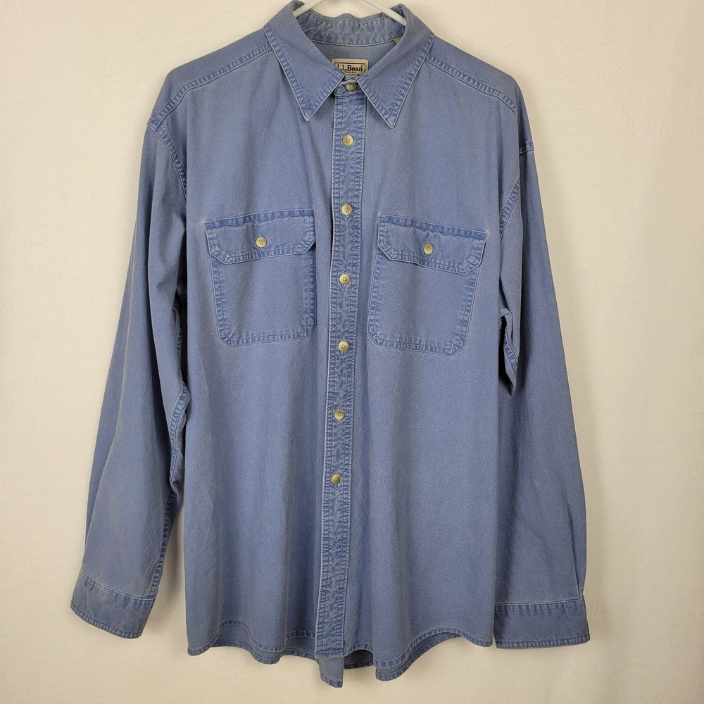 VTG 90s LL Bean Blue Chambray Double Pocket Button Down Shirt L Cotton Gorpcore